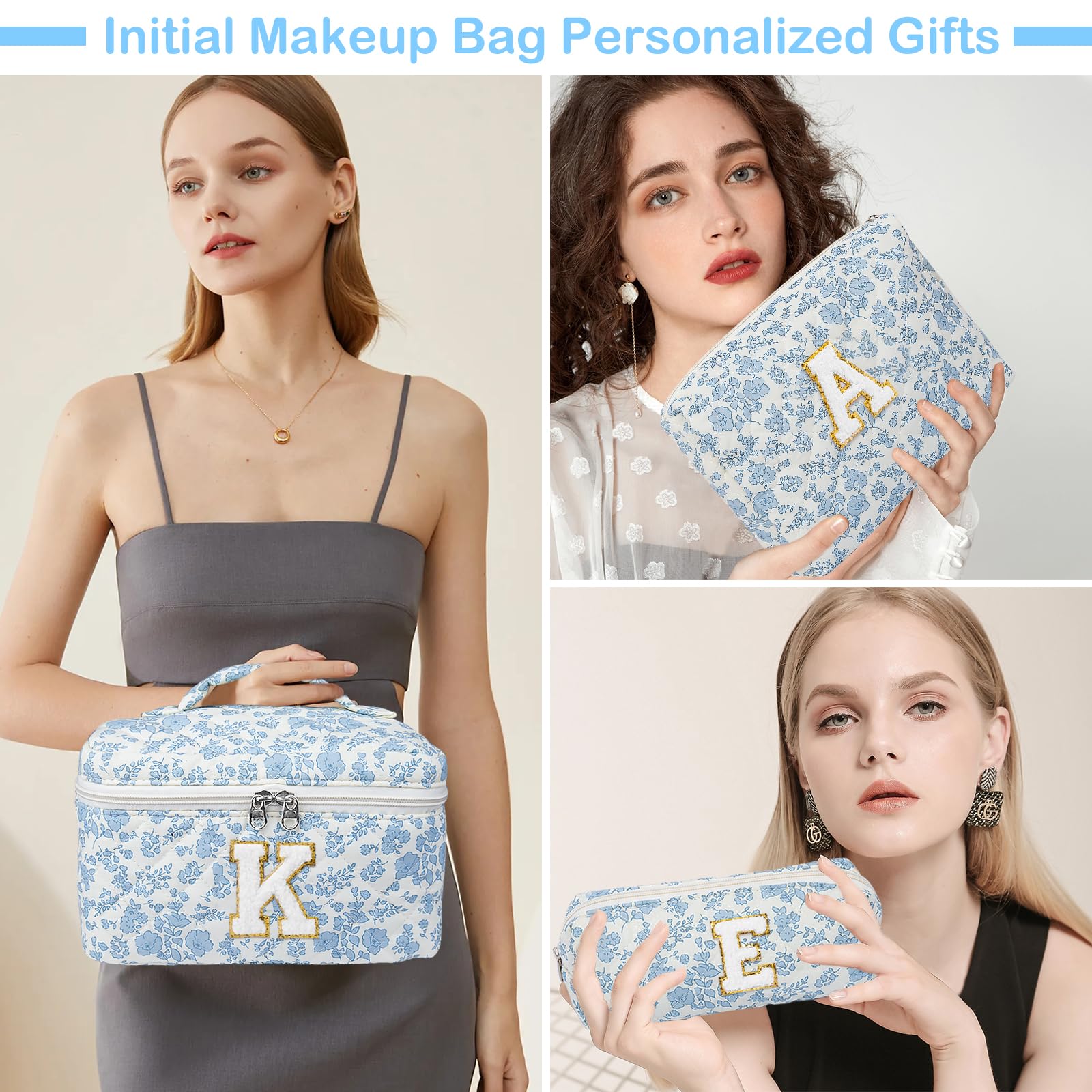 Junesters Initial Makeup Bag Set, Personalized Quilted Makeup Bag, Large Floral Cosmetic Bag for Women, Cute Cotton Custom Make up Bags, Flower Travel Toiletry Bag Teen Girl Gift Blue Flower S