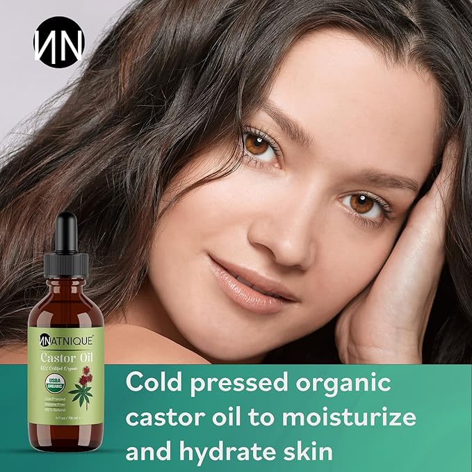 Natnique Castor Oil – USDA Certified Organic, 100% Pure Cold Pressed Unrefined Oil for Hair Growth, Eyelashes, Eyebrows & Scalp – Natural Skin Moisturizer, Lash Serum & Hair Treatment (4 oz)