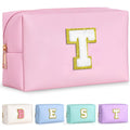 TOPEAST Dorm Room Essentials for Girls - Pink Initial Makeup Bag, College Essentials PU Leather Bag | Travel Car Essentials | Cute Stuff Birthday Gift for Friends Sister (Pink T)