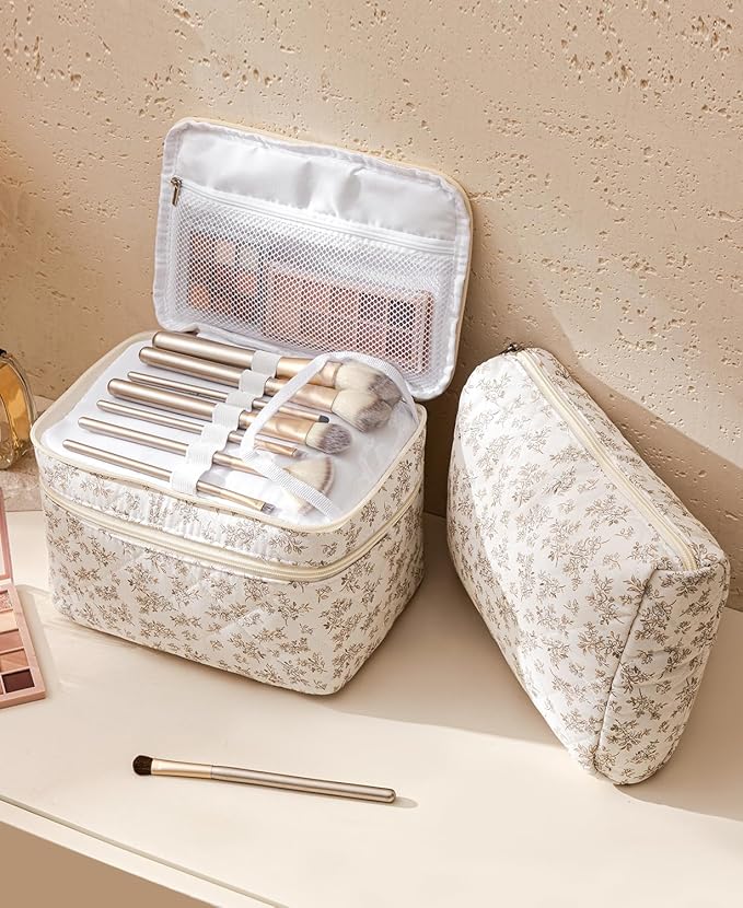 HBselect 2Pcs Travel Makeup Bag Large Quilted Cosmetic Bag Make up Bag