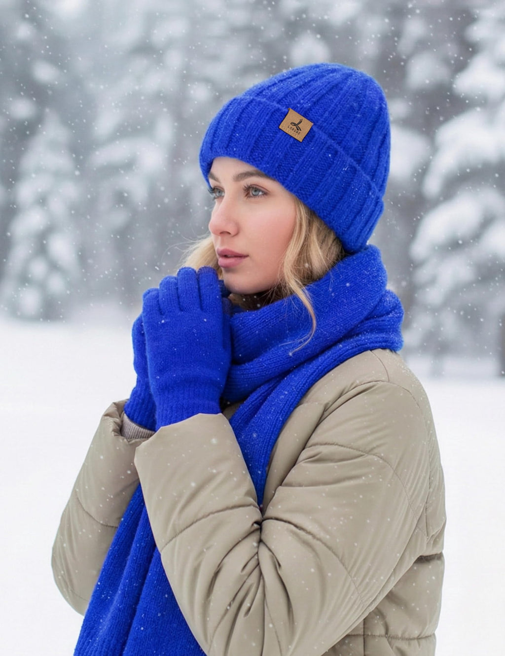 LOROME Winter Beanie Hat Gloves Scarf, Cashmere Hat Gloves Scarf Set Women