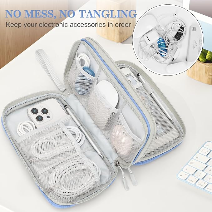 FYY Electronic Organizer, Travel Tech Pouch Bag, Large, Blue Quilted