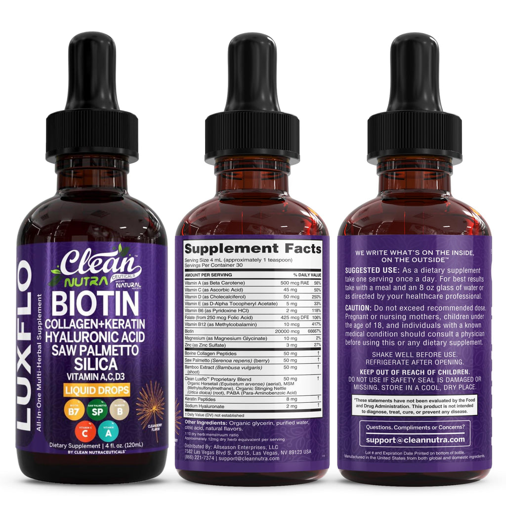 Liquid Biotin & Collagen Keratin Hyaluronic Acid Saw Palmetto Drops Vitamins for Hair Growth Support Silica Vitamin A C D Bamboo Turmeric Zinc Folate Magnesium Horsetail LuxFlo By Clean Nutra