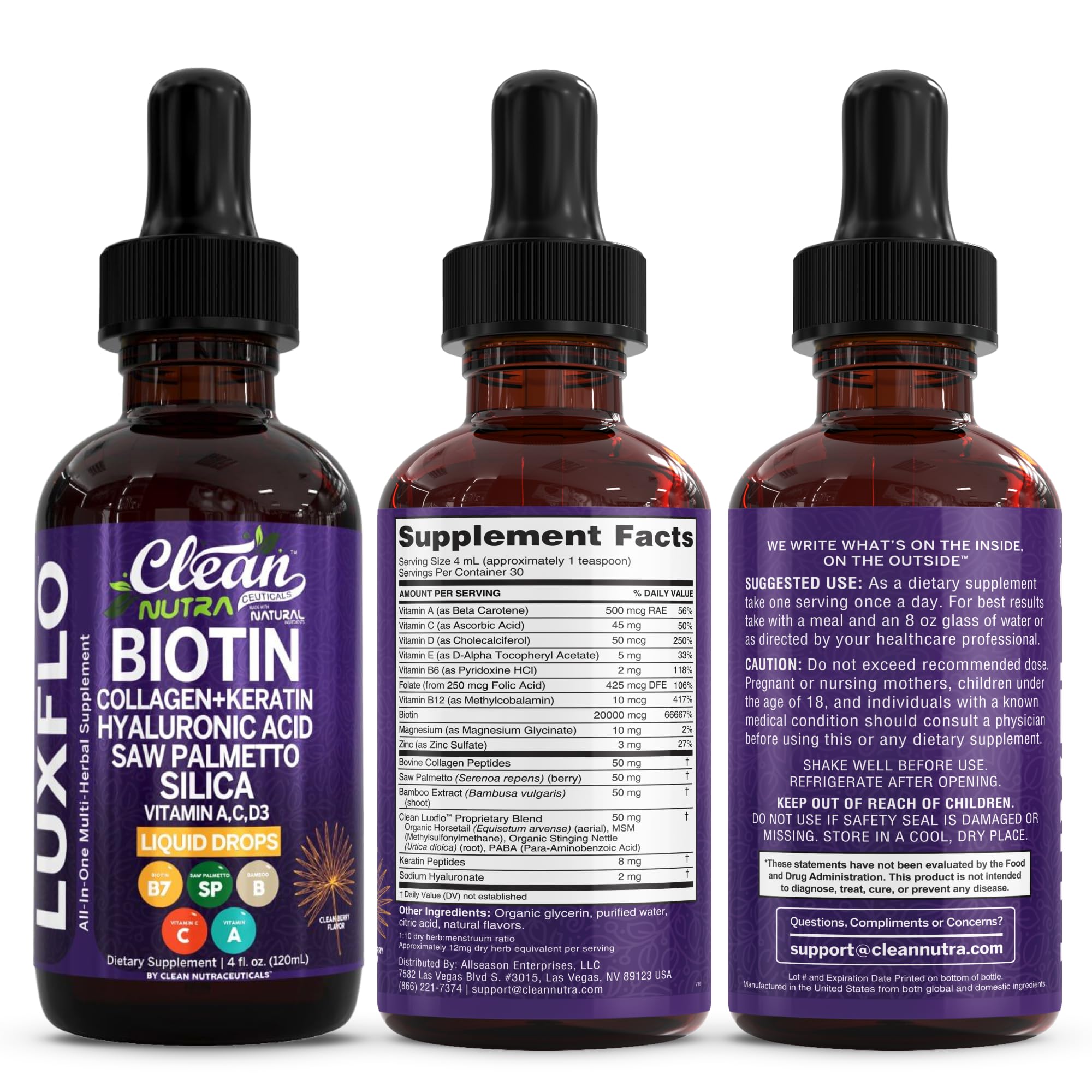 Liquid Biotin & Collagen Keratin Hyaluronic Acid Saw Palmetto Drops Vitamins for Hair Growth Support Silica Vitamin A C D Bamboo Turmeric Zinc Folate Magnesium Horsetail LuxFlo By Clean Nutra