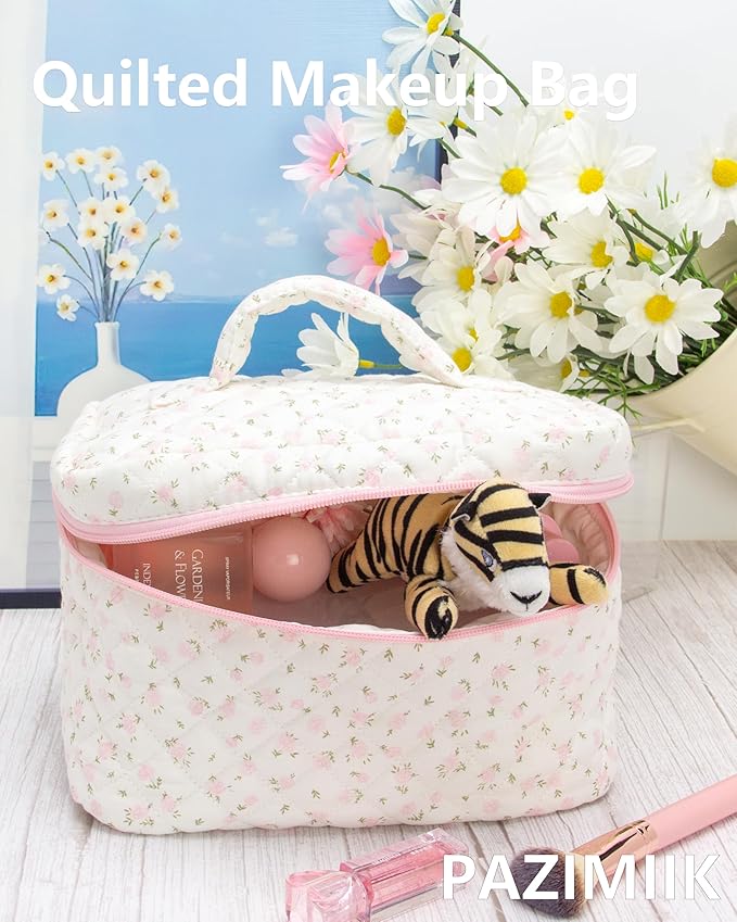 Quilted Makeup Bag for Women, Travel Cosmetic&Toiletry Bag,Flower Pink