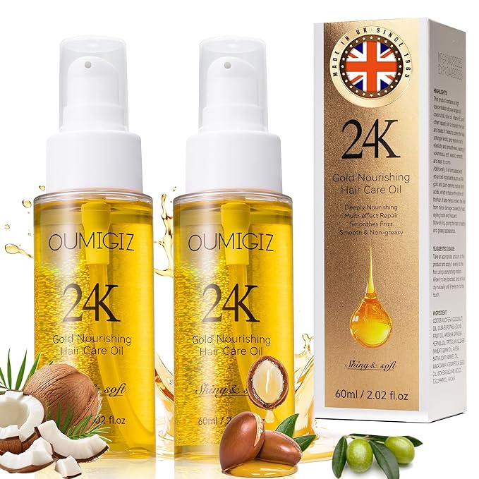Oumigiz 24K Gold Hair Oil, Repair Shine Serum with Coconut, Argan & Olive Oils - Heat Protectant and Frizz Control - Vegan, Lightweight Leave-In Treatment for Dry Damaged Hair (2.02 Fl Oz (Pack of 2))