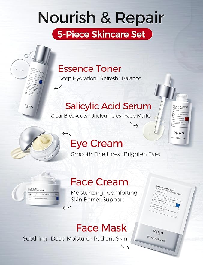 NING DERMOLOGIE Korean Skin Care Set Anti Aging: 8-Step Tembusu Essence Skincare Gift Set for Women - Complete Facial Care Kit for Cleansing, Exfoliating, Masking & Moisturizing