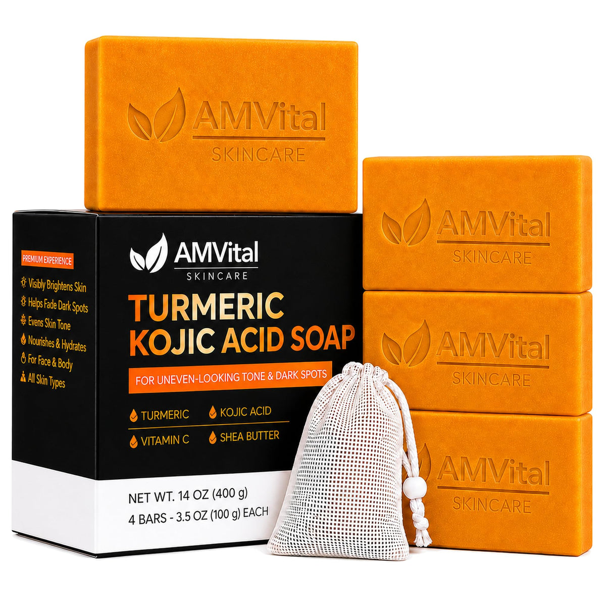 AMVital Turmeric Kojic Acid Soap Bars with Vitamin C, Retinol & Hyaluronic Acid – Face & Body Soap with Collagen & Shea Butter – 2-Pack Cleansing Bars for All Skin Types