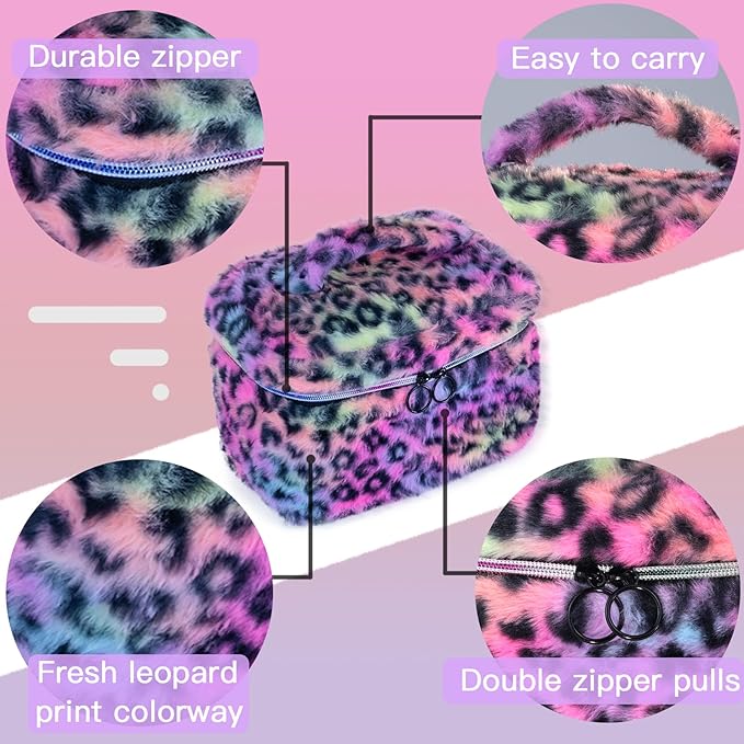 imerelez Plush Makeup Bag for Women, Leopard Print Faux Fur Travel Cosmetic Organizer, 10.2 x 7 x 7 in Soft Fluffy Toiletry Bag for Makeup, Skincare and Beauty Essentials (Rainbow Leopard)