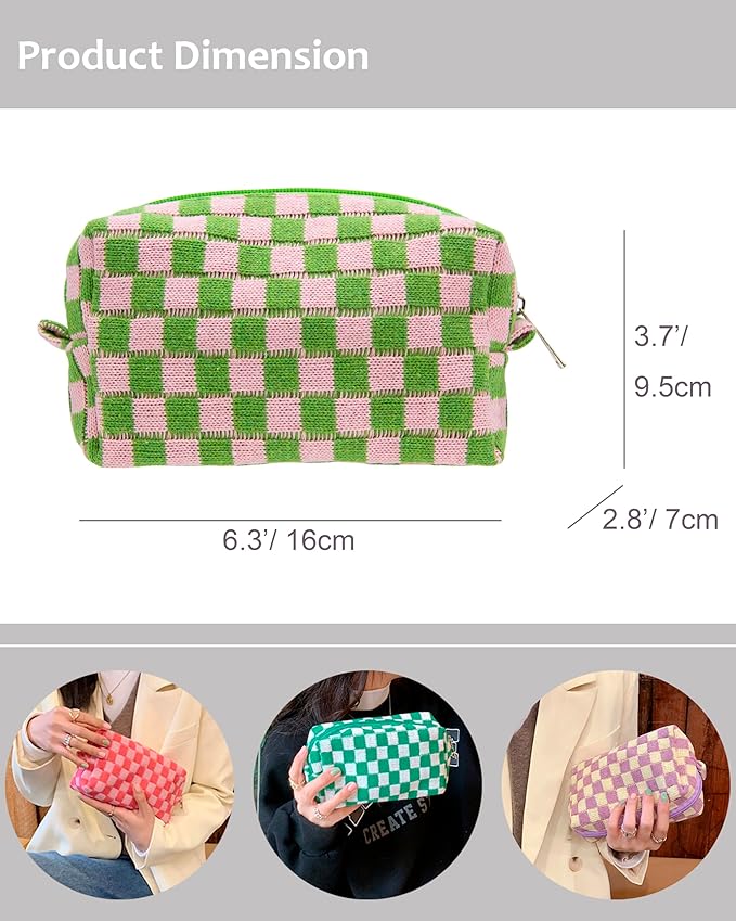 Checkered Makeup Bag for Purse, Small Cosmetic Pouch,Pink Green,2 Pack