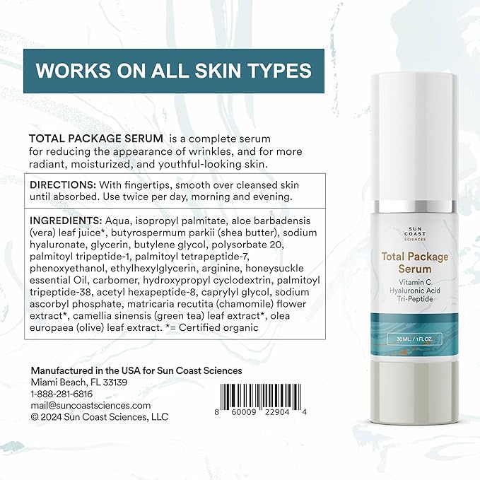 Sun Coast Sciences - Total Package Serum - Vitamin C Serum with Hyaluronic Acid & Peptides for Face - Hydrating Anti Aging Face Serum for Smoother, Firmer Looking Skin - 1 Fl Oz (Pack of 5)