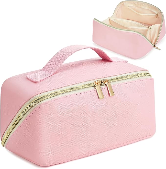 DTBG for Valentines Day Gifts, Makeup Bag for Women, PU Leather Travel Toiletry Bags, Initial Make Up Cosmetic Pouch for Teen Girls, Wide Open Portable Skincare Bag, Personalized Birthday Gifts, Pink