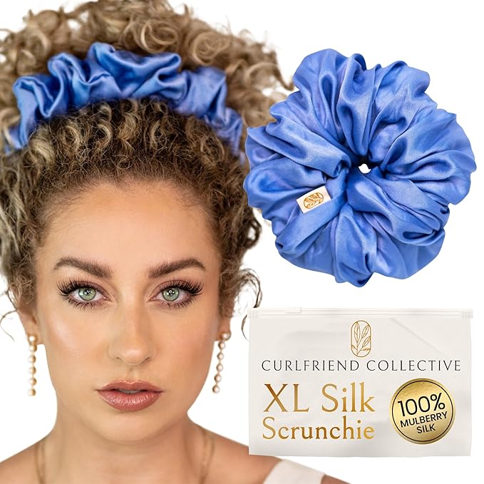 Curlfriend Oversized Mulberry Silk Scrunchies for Women, XL, Cerulean