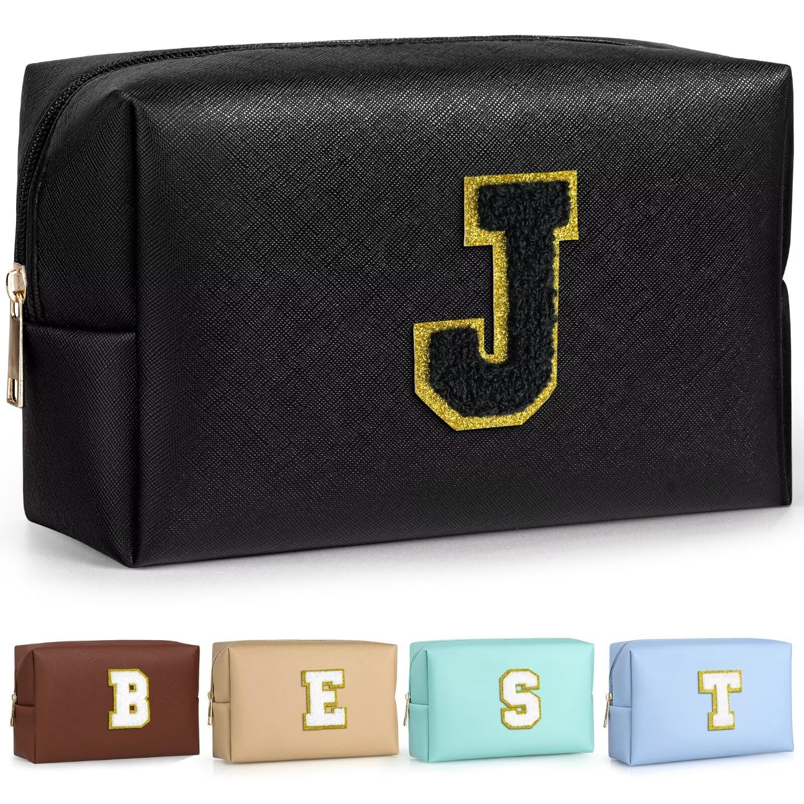 TOPEAST Birthday Gifts for Girls, Travel Makeup Bag Chenille Letter Pouch Cosmetic Bag, Makeup Travel Organizer, Monogrammed Bridesmaid Gifts for Women, Cute Stuff for Girls (Black J)