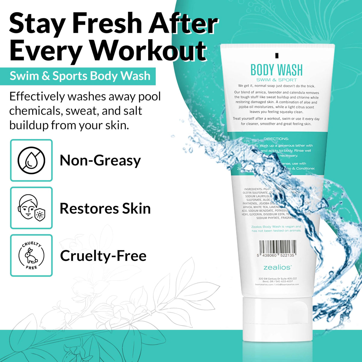 Zealios Swim & Sport Body Wash for Swimmers & Athletes 8oz, Skin Care Solution for Men & Women, Removes Chlorine, Sweat & Odor, Provides Cleansing and Hydration from Pool Chemicals, Light Citrus Scent