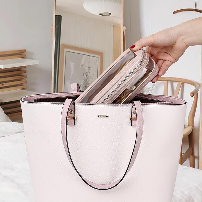 Pinkmik Clear Makeup Bag with Brush Case Travel Toiletry Bag Waterproof Cosmetic Organizer Car Essentials for Women (Pink, M+SLIM-1)
