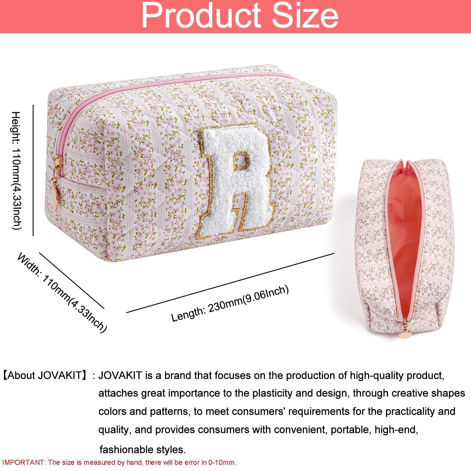 JOVAKIT Makeup Bag Cosmetic Bags for Women, Christmas Gifts for Girls Age 6-18, Alphabet Pink Floral Coquette Zipper Travel Makeup Pouch, Organizer Case Trendy Stuff (Pink Floral R)