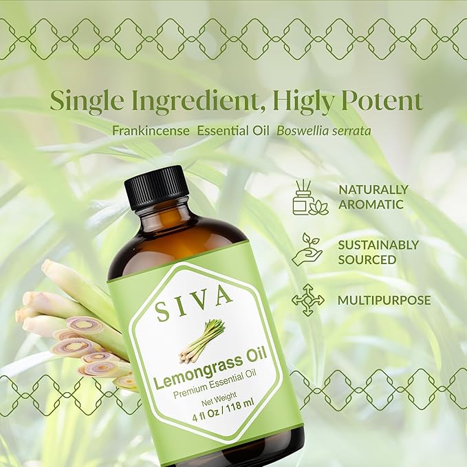 Siva Lemongrass Essential Oil 4 Fl Oz – for Diffuser, Skin & Hair Care – Ideal for Massage & DIY Blends- with Dropper