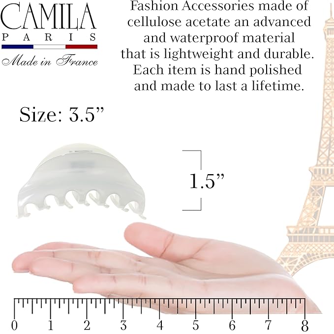 Camila Paris CP2555 French Hair Clips for Women, 3.75" White Large Claw Clip Strong Hold All Day, Girl Large Claw Clips for Thick Hair, No Damage No Slip Flat Clip for Women. Made in France