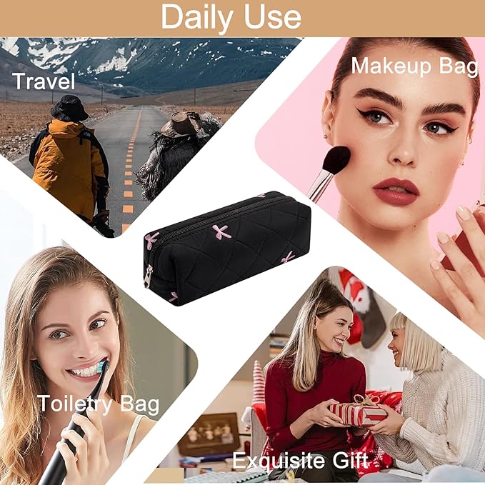 HHQQWZ Cute Floral Cotton Makeup Brush Cosmetic Bag for Women, Travel Quilted Zipper Make Up Bag, Flowers Toiletry Organizer Case Kawaii Makeup Cosmetic Travel Cloth Pouch (Pink+Black)