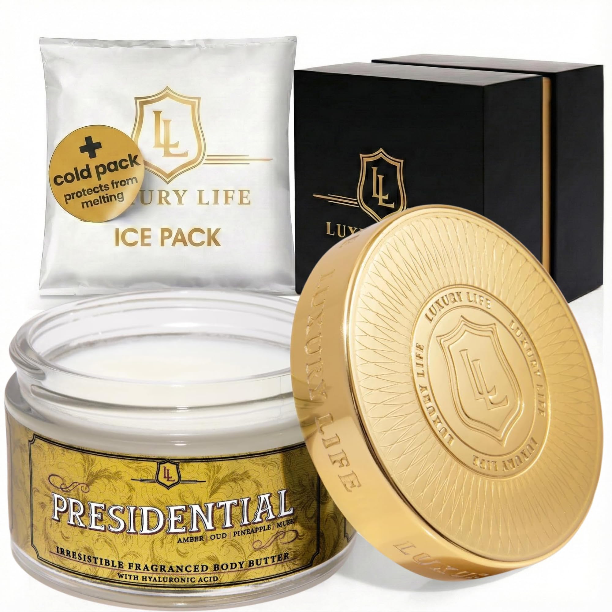 LUXURY LIFE BUTTER - 40% Extrait de Parfum Fragranced Body Butter with Hyaluronic Acid for Ultimate Moisture - Luxurious Room-Filling Natural Fragrances - Non-Greasy, USA Made, Presidential, 5 oz.