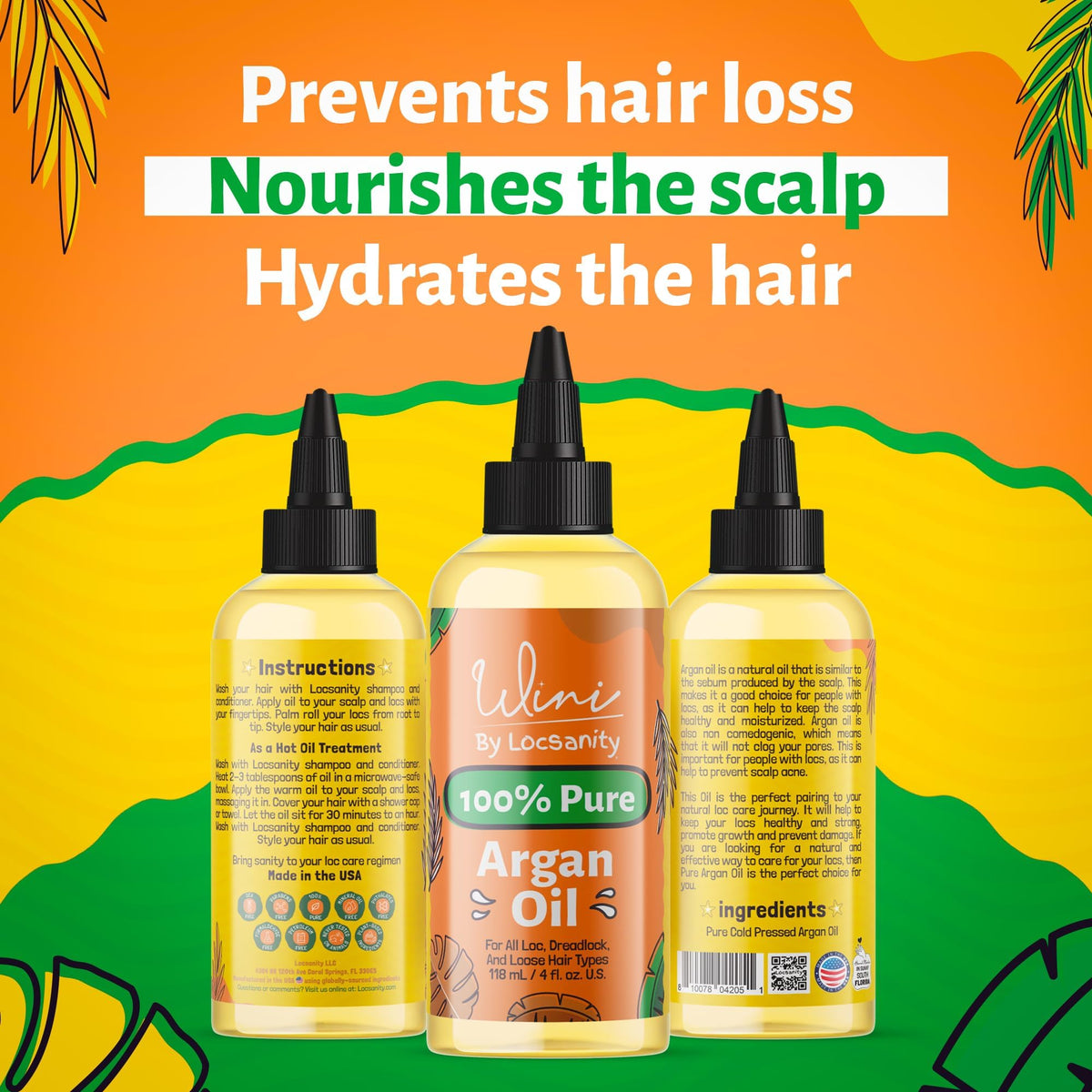 Locsanity Wini Pure 100% Cold Pressed Organic Argan Oil for Hair and Body | Non-GMO | 4 fl oz: Moisturizing Oil for Hair Growth, Skin Hydration, Nail Care & Frizz Control