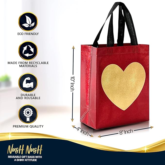 Nush Nush Medium Red Gift Bags with Gold Heart, 8 x 4 x 10, Set of 12