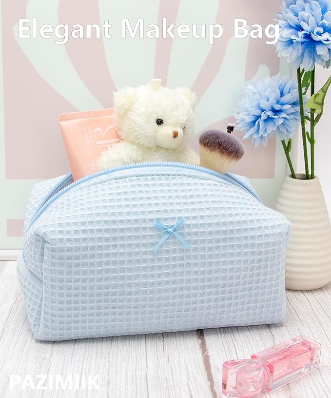 PAZIMIIK Cozy Makeup Bag for Women,Zipper Cosmetic Pouch,Waffle Blue