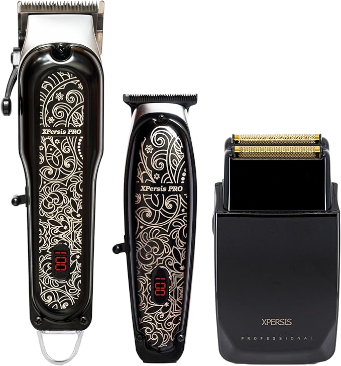 XPERSIS PRO All Metal Quiet and Low Vibration Cordless Hair Clipper + Hair Trimmer for Mens and Barbers +Shaver with Sharp Blades, Cord/Cordless Electric Razor for Mens Black