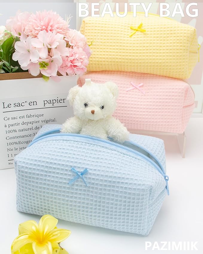PAZIMIIK Cozy Makeup Bag for Women,Zipper Cosmetic Pouch,Waffle Blue
