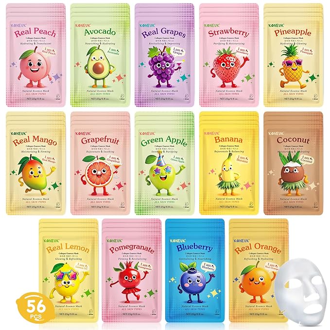 KONEUK 56 Pack Fruit Collagen Face Masks Skincare for Teens Girls