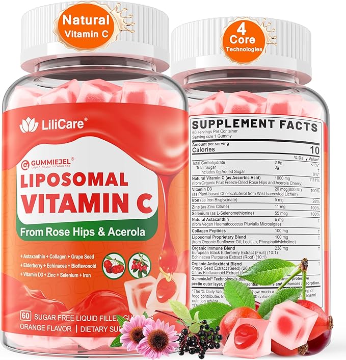 Natural Liposomal Vitamin C 1000mg Gummies for Adults & Kids 9+, Chewable Vitamin C w/ 11mg Zinc, D3, Elderberry, Echinacea,, Bioflavonoid, Immune Support, Whole Food VIT C from Fruits, Sugar Free