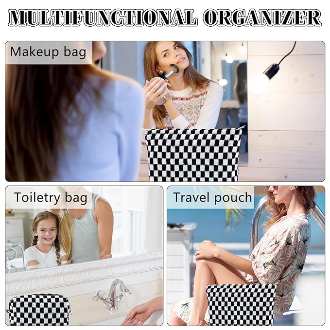 ZLFSRQ 2Pcs Checkered Makeup Bag for Women Large Small Travel Toiletry Bag Organizer Aesthetic Black Zipper Cosmetic Bags Cute Makeup Pouch for Purse Pencil Case Pencil Pouch Skincare Storage Bags
