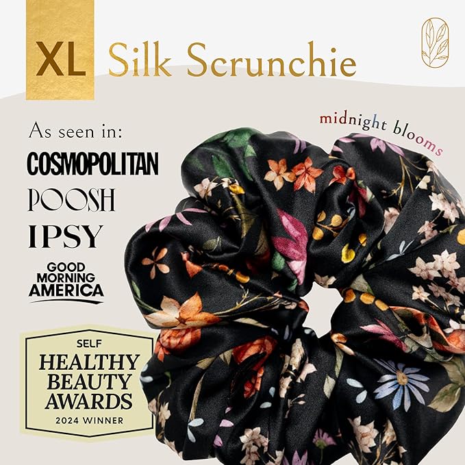 Curlfriend Oversized Mulberry Silk Scrunchies, XL, Midnight Blooms