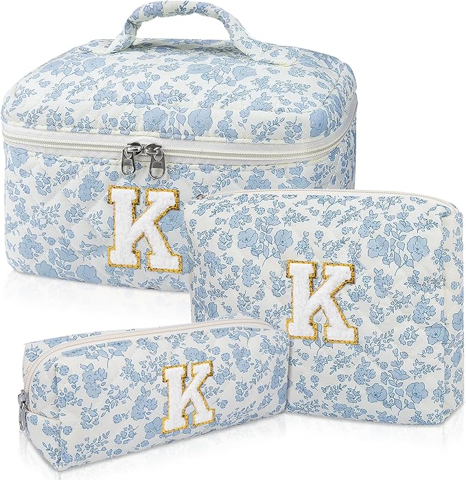 Junesters Initial Makeup Bag Set, Personalized Quilted Makeup Bag, Large Floral Cosmetic Bag for Women, Cute Cotton Custom Make up Bags, Flower Travel Toiletry Bag Teen Girl Gift Blue Flower K