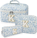 Junesters Initial Makeup Bag Set, Personalized Quilted Makeup Bag, Large Floral Cosmetic Bag for Women, Cute Cotton Custom Make up Bags, Flower Travel Toiletry Bag Teen Girl Gift Blue Flower K
