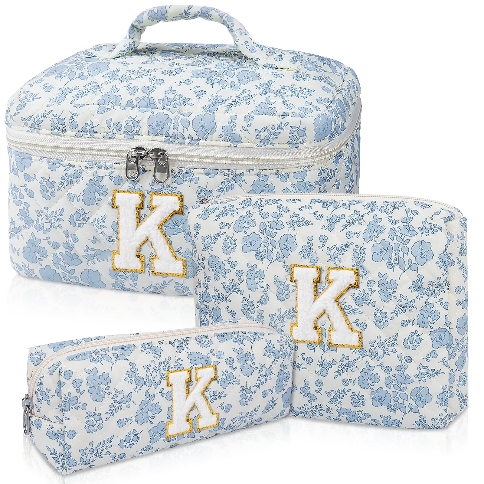 Junesters Initial Makeup Bag Set, Personalized Quilted Makeup Bag, Large Floral Cosmetic Bag for Women, Cute Cotton Custom Make up Bags, Flower Travel Toiletry Bag Teen Girl Gift Blue Flower K