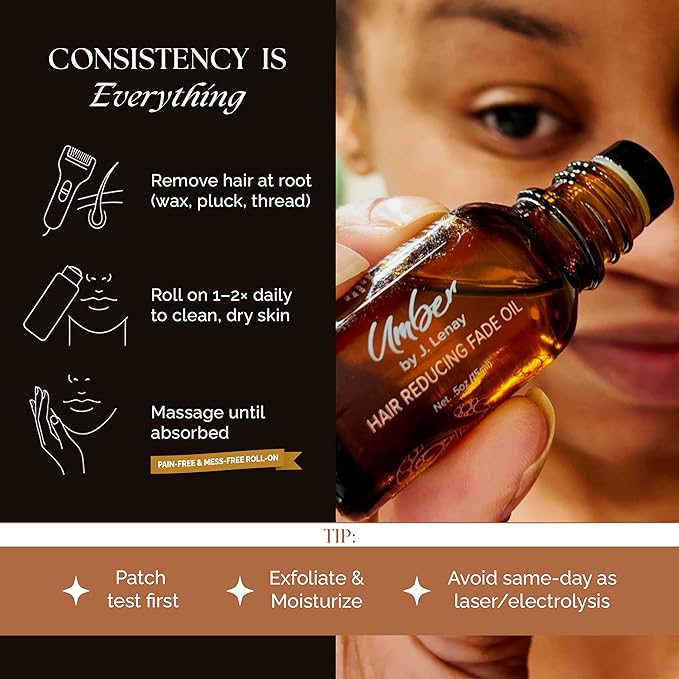 Umber by J. Lenay Hair Reducing Fade Oil, Sensitive Strength, Roll-On, 15ml