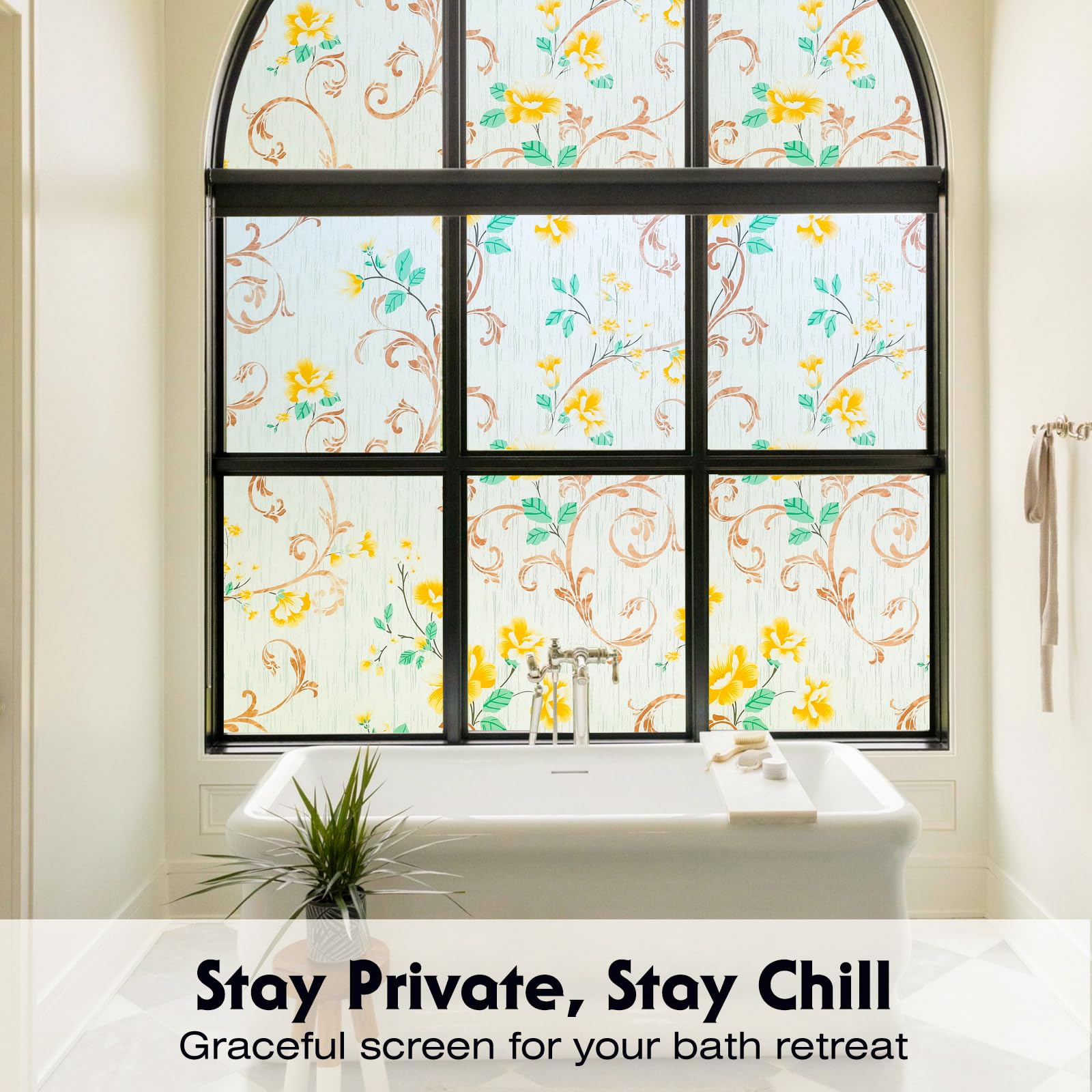 Volcanics Stained Glass Window Film, Frosted Glass Window Privacy Film, Decorative Window Clings, Floral Design Static Cling Sun Blocking Tint for Bathroom, 17.5 x 78.7 Inch