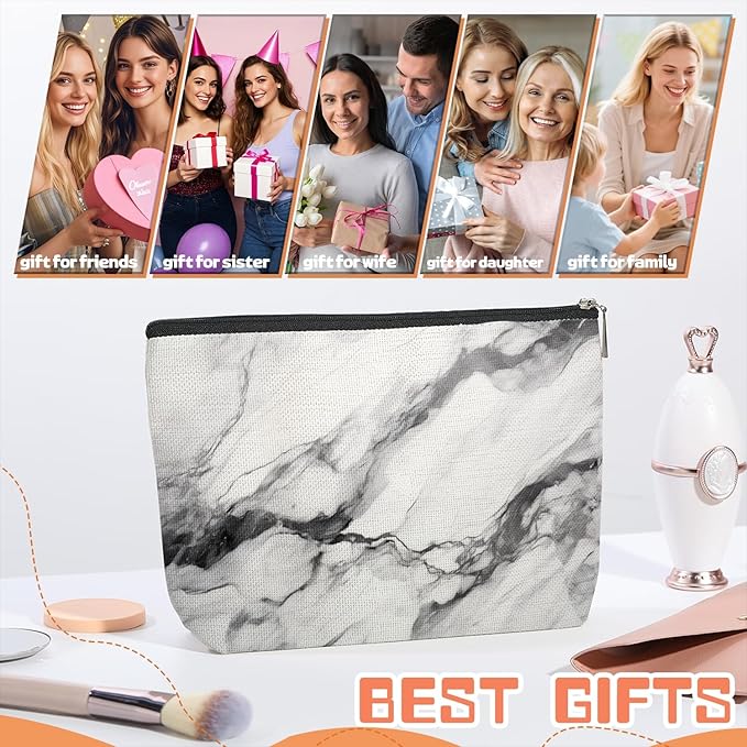 Scribesense Makeup Bag Travel Cosmetic Bags Small Makeup Case Waterproof Zipper Pouch for Women Girls 7X9inches - Bold Black - Veined White Marble