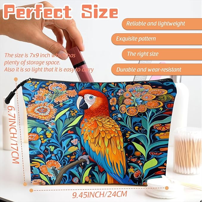 Scribesense Cosmetic Bags Travel Makeup Toilet Case Waterproof Pouch for Women Girls 6.7X9.45inches - Colorful Macaw Stands on Branch