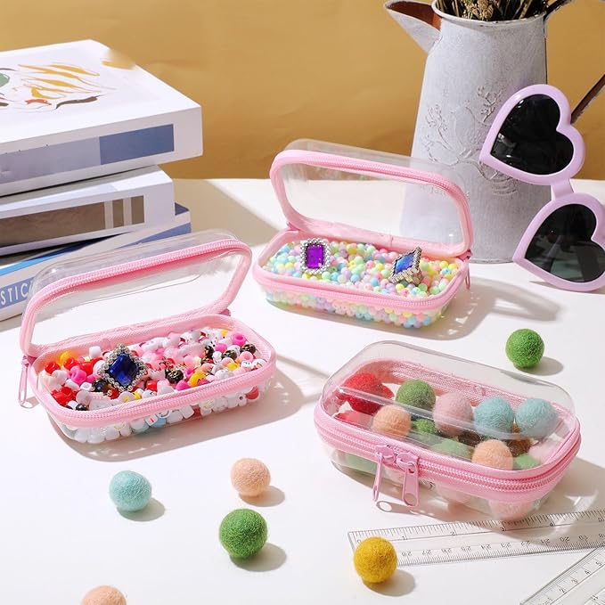 Hoolerry 3 Pcs Clear Hard Zipper Case Hard Plastic Zipper Pouch Makeup Bag Portable Travel Organizer for Cosmetics, Office Supplies, Documents & Toiletries(Pink,Xs)