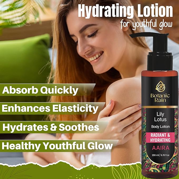 Botanic Rain Organic Body Lotion for Dry & Crepey Skin – Lightweight Non-Greasy Ayurvedic Daily Moisturizer with Lily & Lotus, 6.76 fl oz (1)