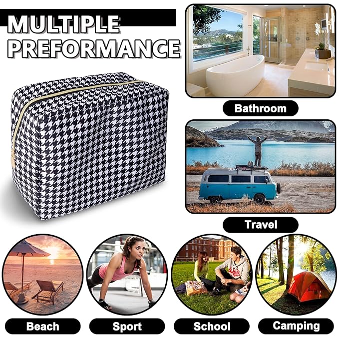 UIXIZQ Large Makeup Pouch, Nylon Women Travel Toiletry Storage Houndstooth Cosmetic Bag for Girls, Big Preppy Makeup Organizer Cute Zipper Pouch Skincare Bag for Sport School (Large-Houndstooth)