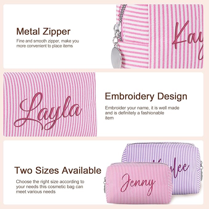 Yofair Personalized Makeup Bag with Name, Bridesmaid Gifts Large Capacity Travel Toiletry Case Custom Seersucker Cosmetic Bags Wedding Birthday Gifts for Girls Women