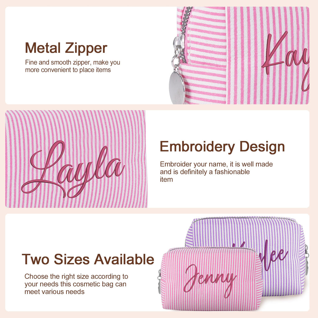 Yofair Personalized Makeup Bag with Name, Bridesmaid Gifts Large Capacity Travel Toiletry Case Custom Seersucker Cosmetic Bags Wedding Birthday Gifts for Girls Women