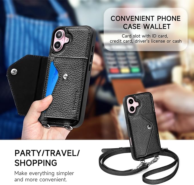 LUCKYCOIN Crossbody Phone Case for iPhone 16,100% Genuine Leather Phone Wallet Case for Women, Fashion Premium Hands-Free Phone Purse with Expandable Flip Card Holder & Adjustable Strap - Pebble Black