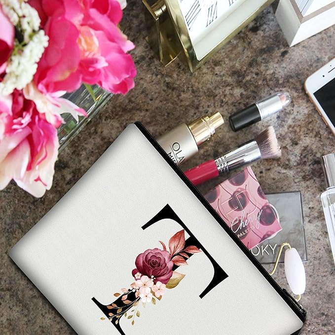 Vavabox A-Z Personalized Makeup Bag, Birthday Gifts for Women Mom, Gifts for Best Friend, Bride Bridesmaid Cosmetic bag (T, 01-White)