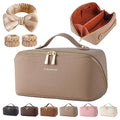 Cuteseason PU Leather Makeup Bag for Women, Structured Makeup Case with Wide Opening, Travel Cosmetic Bag with Compartments and Handle, Water-Resistant Makeup Organizer(Khaki, Lychee Grain)