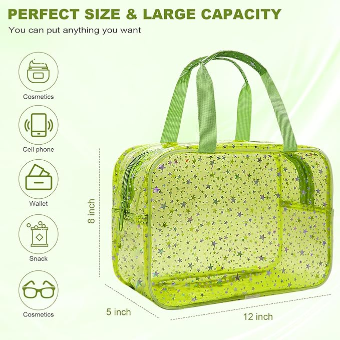 Junesters Large Clear Makeup Bag 12x5x8 Green Star Pattern - Waterproof PVC Travel Cosmetic Organizer with Handle, Durable Transparent Toiletry Case for Women Girls Travel Gym Beach Storage